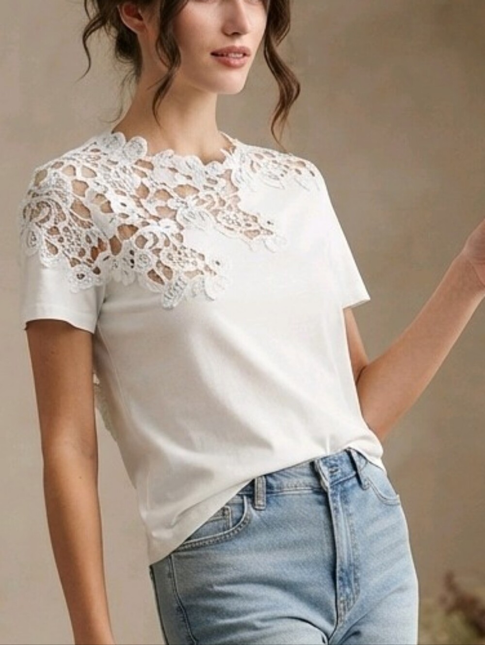 Brand New ANEWSTA Unique White Short Sleeve Tee Lace Detail Cutout XL Quiet Luxe